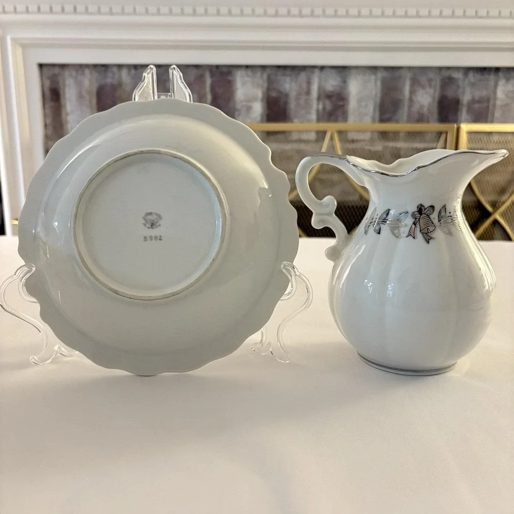 Vintage Lefton 25th Anniversary Pitcher &‎ Liner Bowl Silver White Porcelain MCM